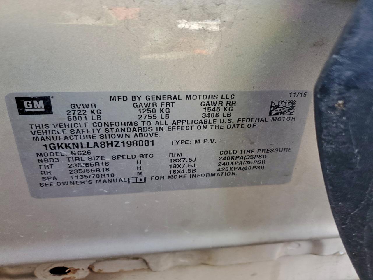 2017 GMC Acadia Sle VIN: 1GKKNLLA8HZ198001 Lot: 93877865