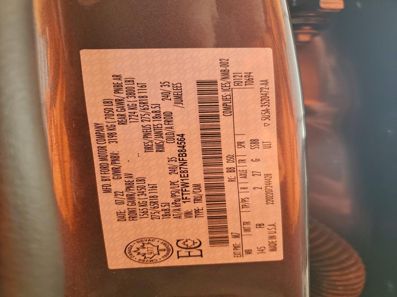 2022 Ford F150 Supercrew VIN: 1FTFW1E87NFB84564 Lot: 94250435