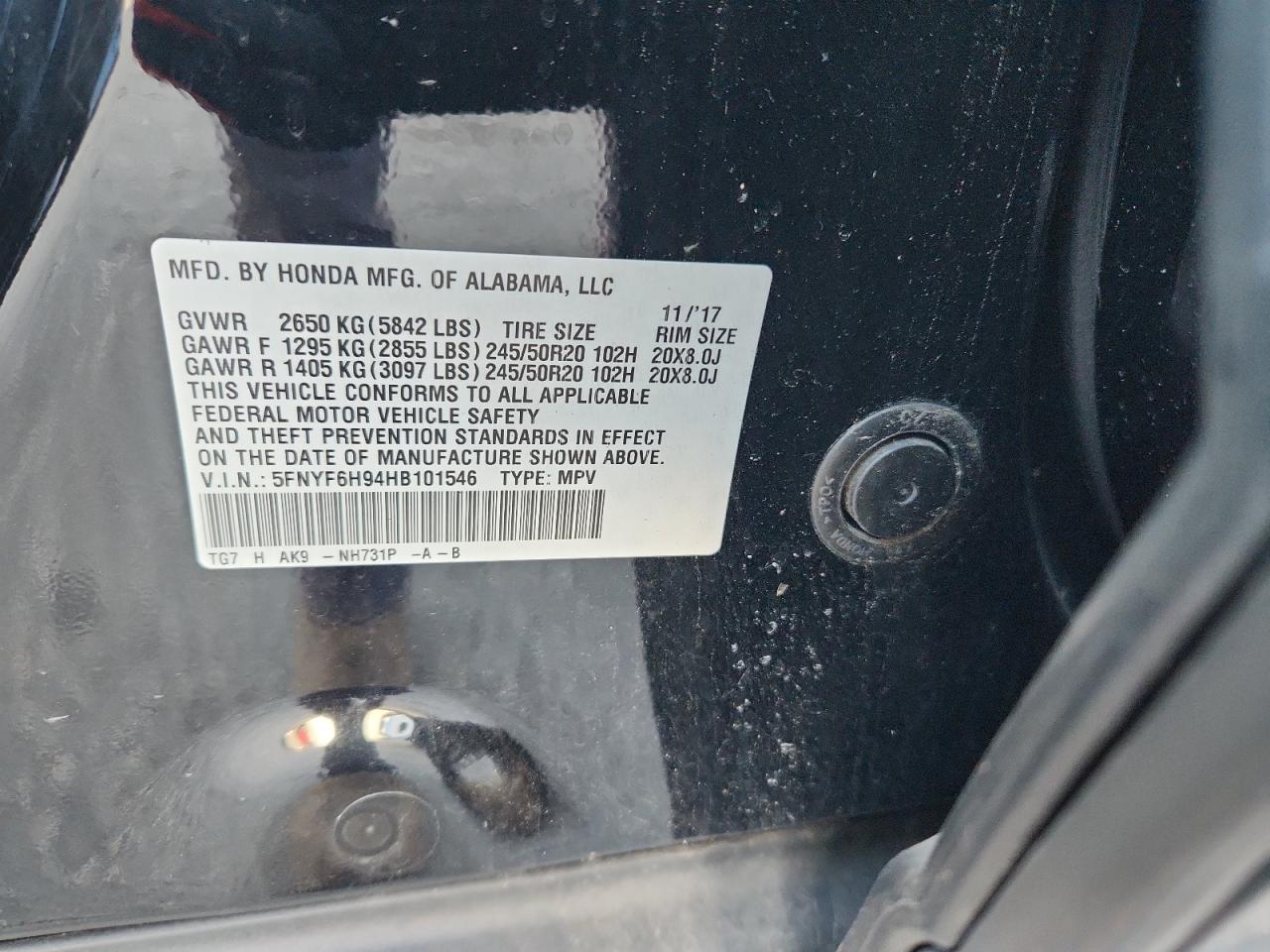 2017 Honda Pilot Touring VIN: 5FNYF6H94HB101546 Lot: 93815755