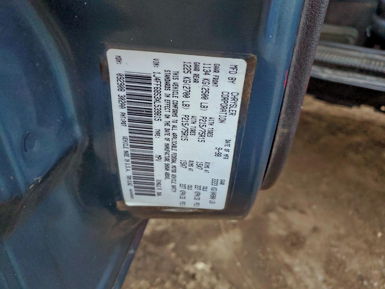 1999 Jeep Cherokee Sport VIN: 1J4FF68S3XL539815 Lot: 93263965