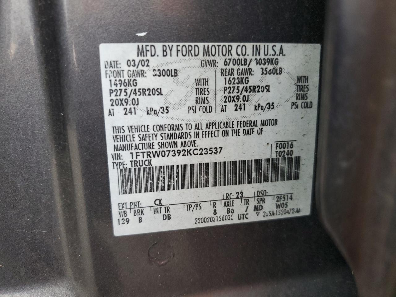 2002 Ford F150 Supercrew Harley Davidson VIN: 1FTRW07392KC23537 Lot: 92414795