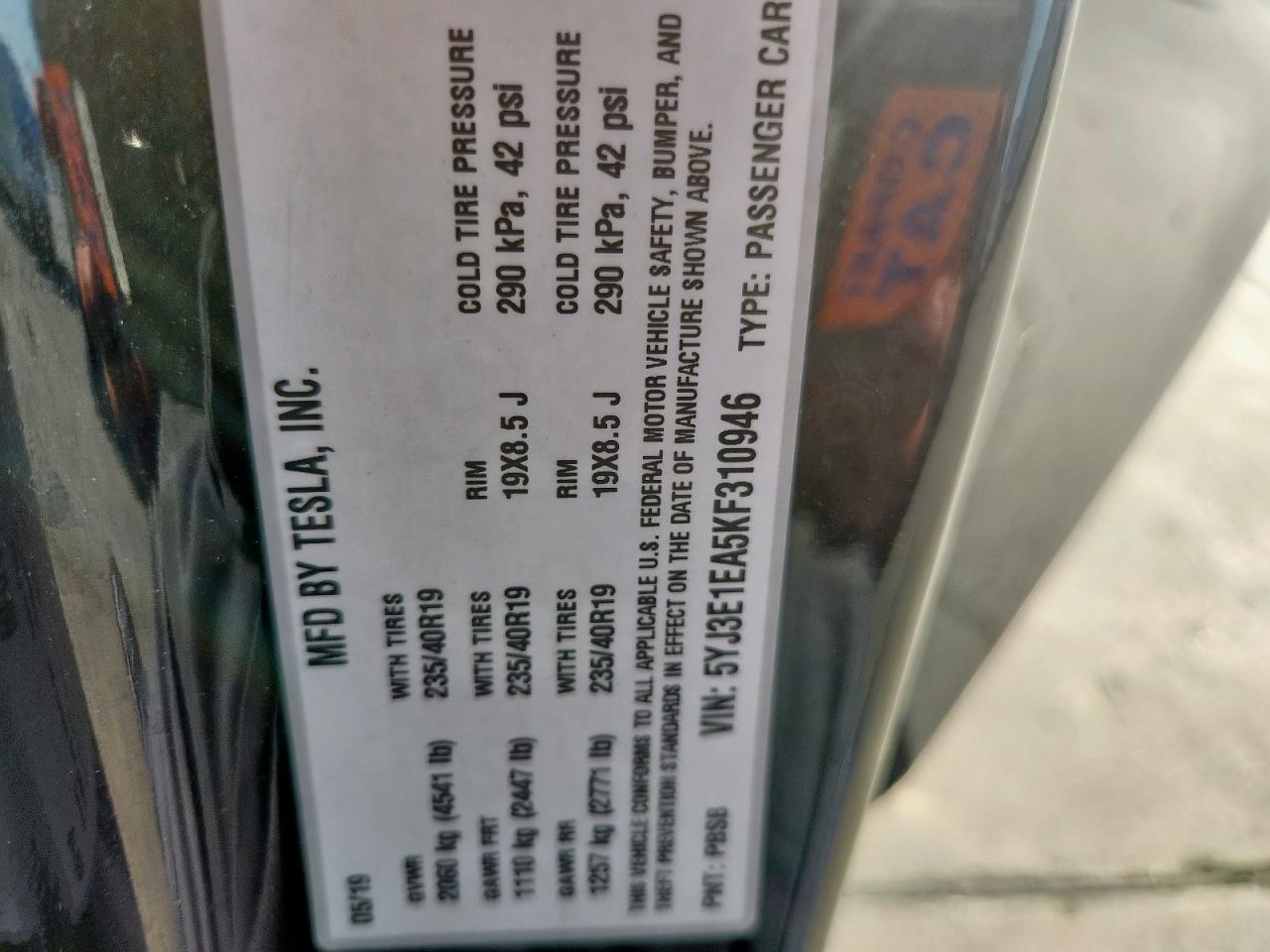 2019 Tesla Model 3 VIN: 5YJ3E1EA5KF310946 Lot: 91109235