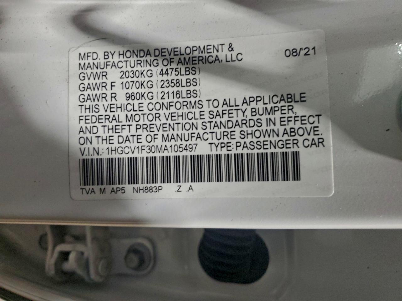 2021 Honda Accord Sport VIN: 1HGCV1F30MA105497 Lot: 94353325