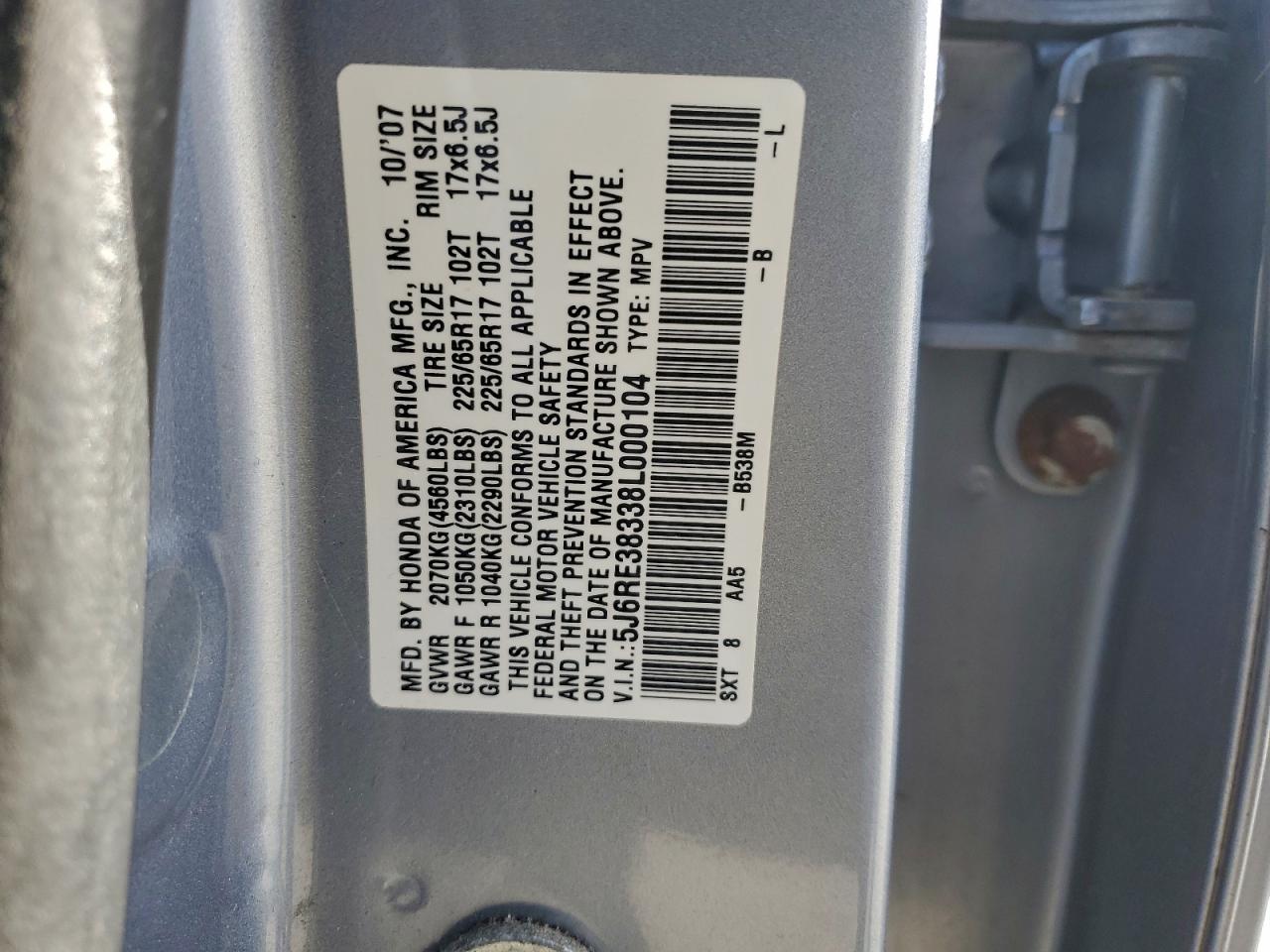 2008 Honda Cr-V Lx VIN: 5J6RE38338L000104 Lot: 93492695