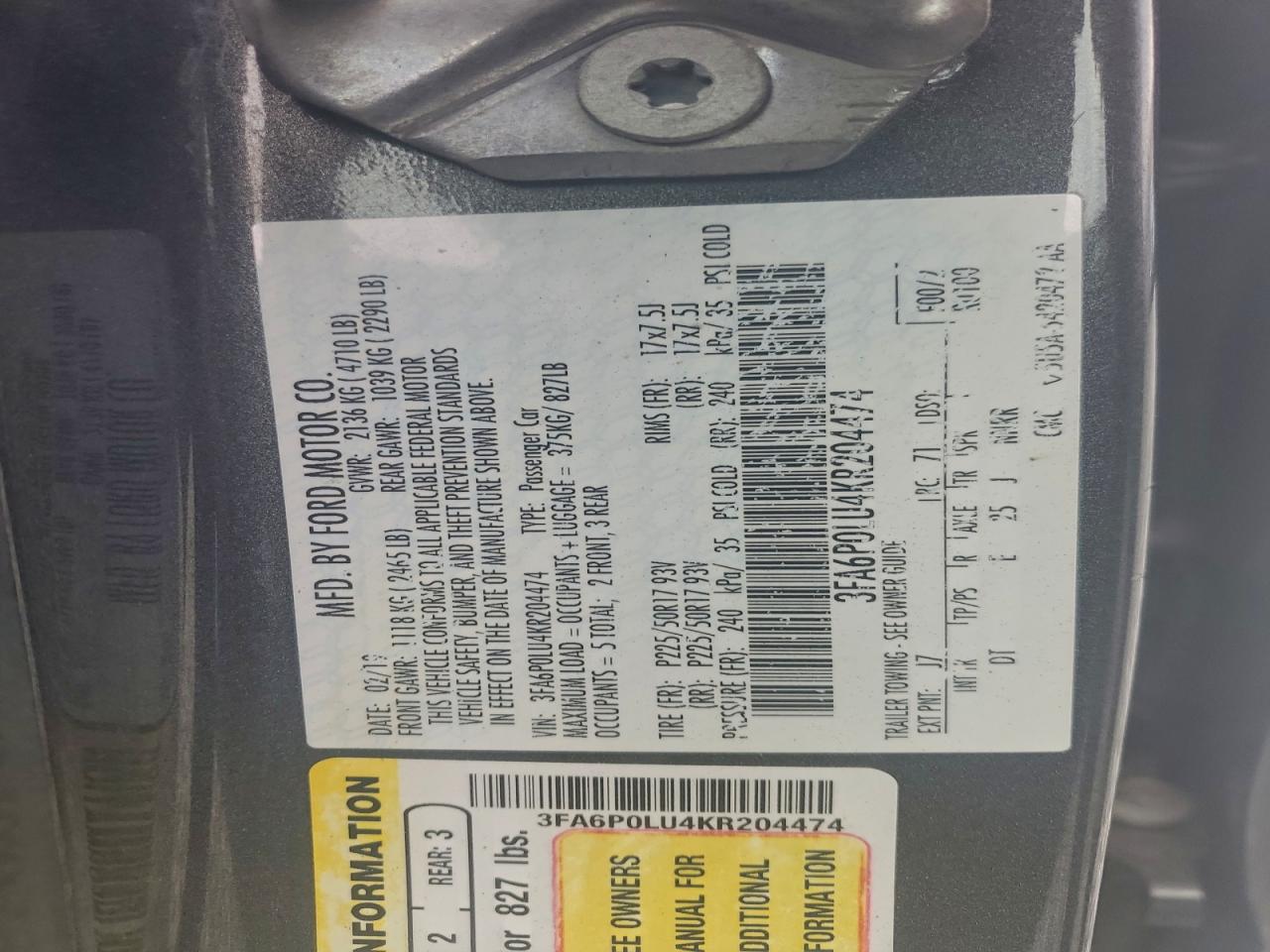 2019 Ford Fusion Se VIN: 3FA6P0LU4KR204474 Lot: 93731615