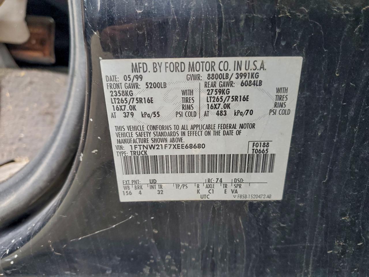 1999 Ford F250 Super Duty VIN: 1FTNW21F7XEE68680 Lot: 93063775