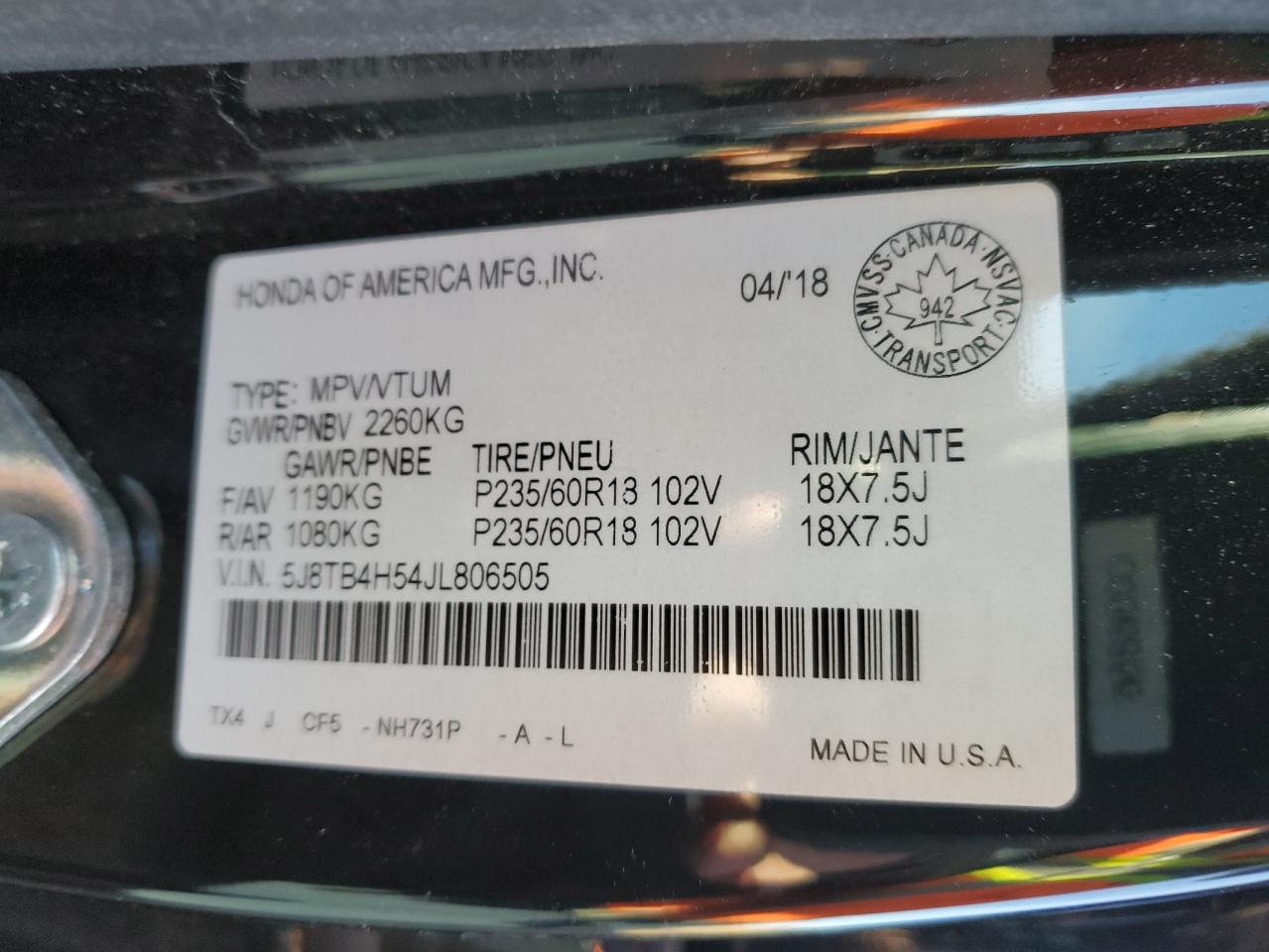 2018 Acura Rdx Technology VIN: 5J8TB4H54JL806505 Lot: 93777805