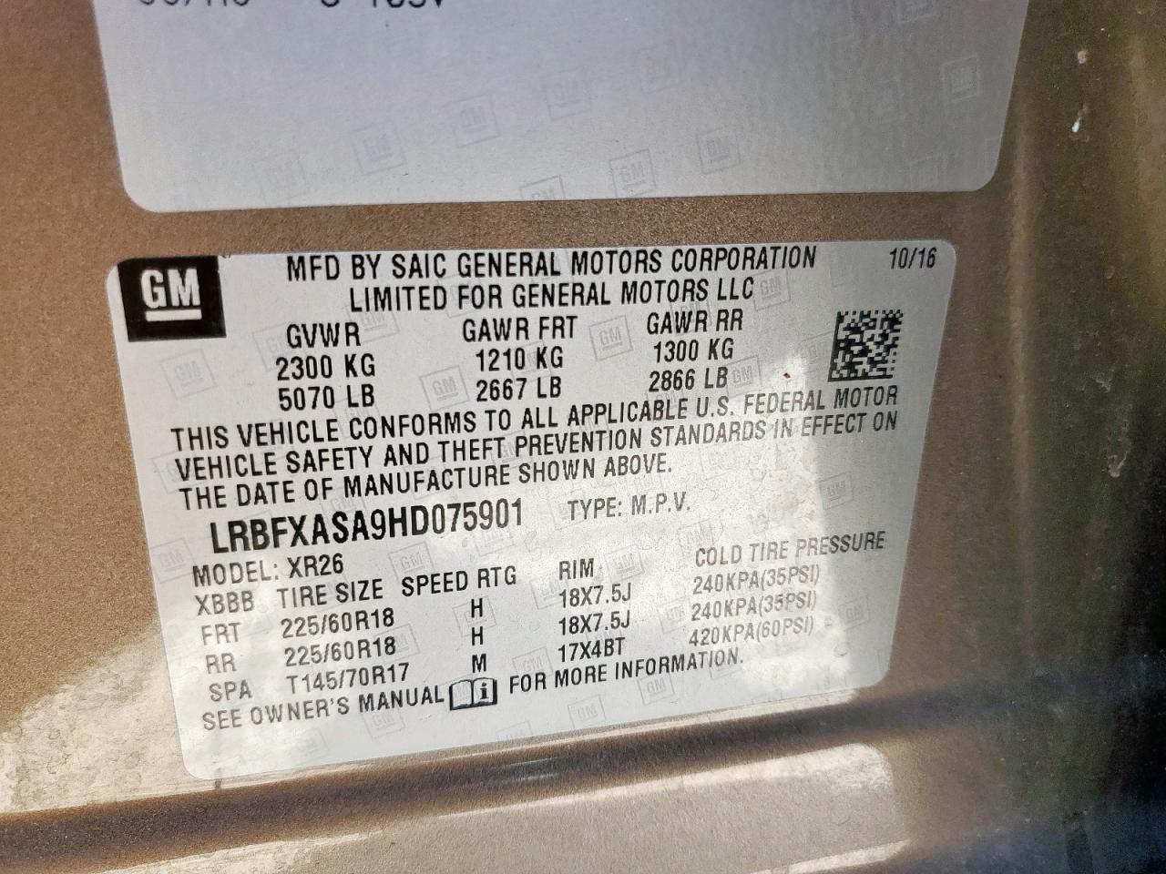 2017 Buick Envision Preferred VIN: LRBFXASA9HD075901 Lot: 90076335