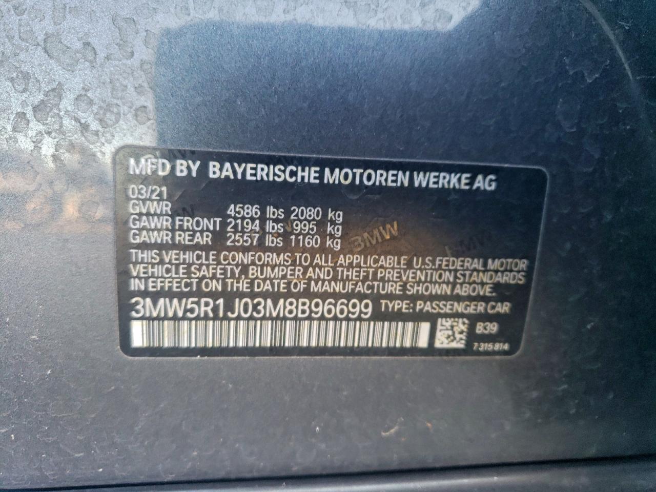 2021 BMW 330I VIN: 3MW5R1J03M8B96699 Lot: 93871275