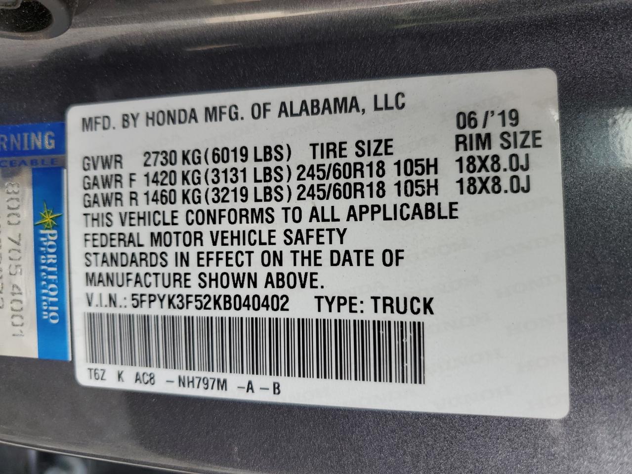 2019 Honda Ridgeline Rtl VIN: 5FPYK3F52KB040402 Lot: 93495675