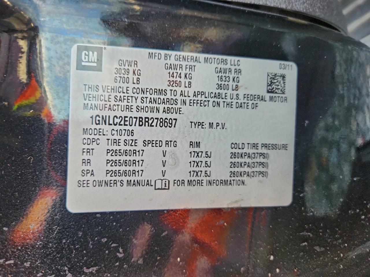 2011 Chevrolet Tahoe Police VIN: 1GNLC2E07BR278697 Lot: 94499325