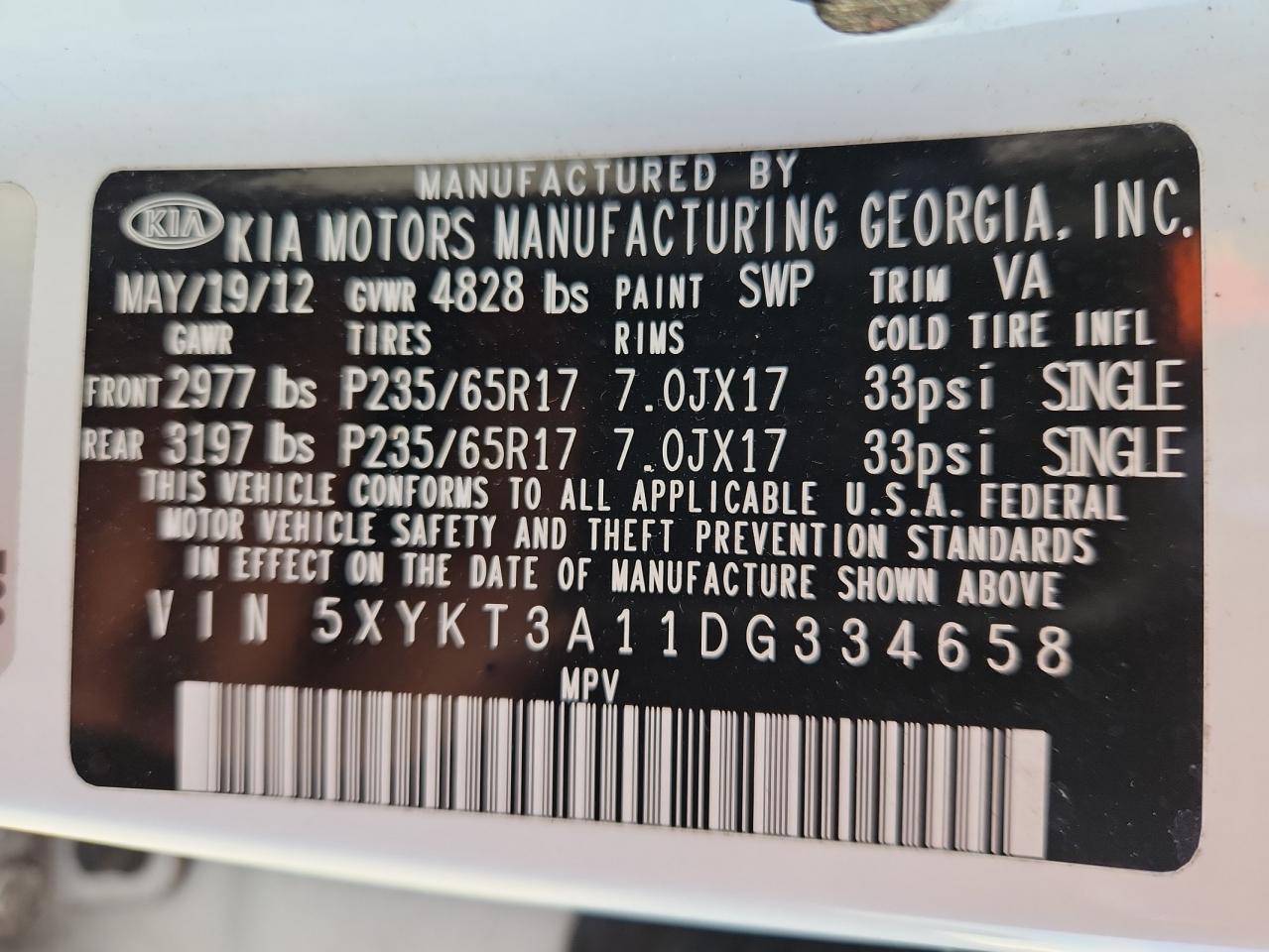 2013 Kia Sorento Lx VIN: 5XYKT3A11DG334658 Lot: 92105395