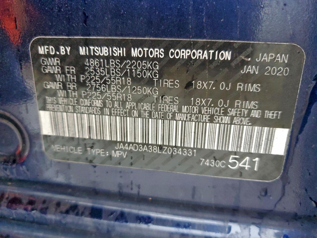 2020 Mitsubishi Outlander Se VIN: JA4AD3A38LZ034331 Lot: 93597975