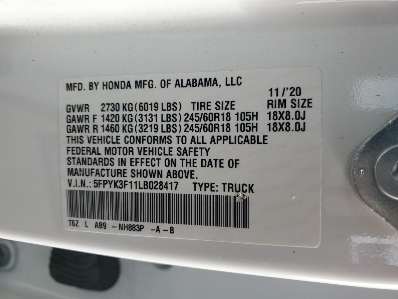 2020 Honda Ridgeline Sport VIN: 5FPYK3F11LB028417 Lot: 82509545
