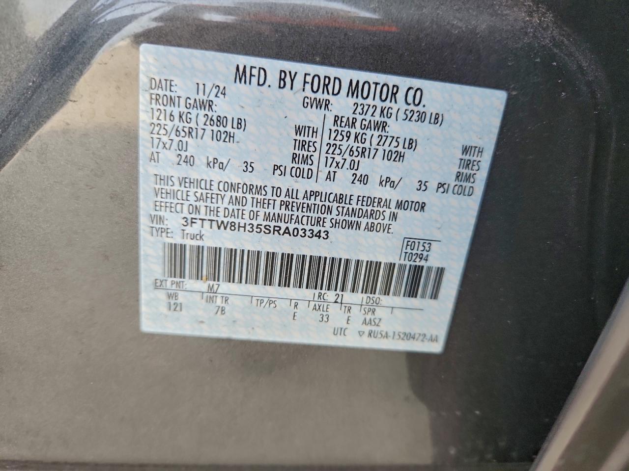 2025 Ford Maverick Xlt VIN: 3FTTW8H35SRA03343 Lot: 93517005