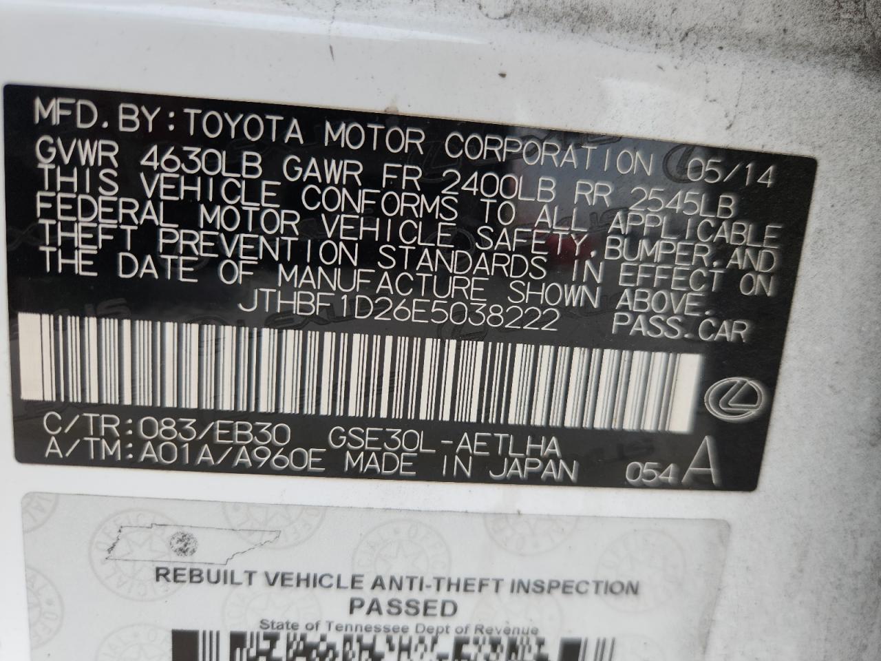 2014 Lexus Is 250 VIN: JTHBF1D26E5038222 Lot: 92712475