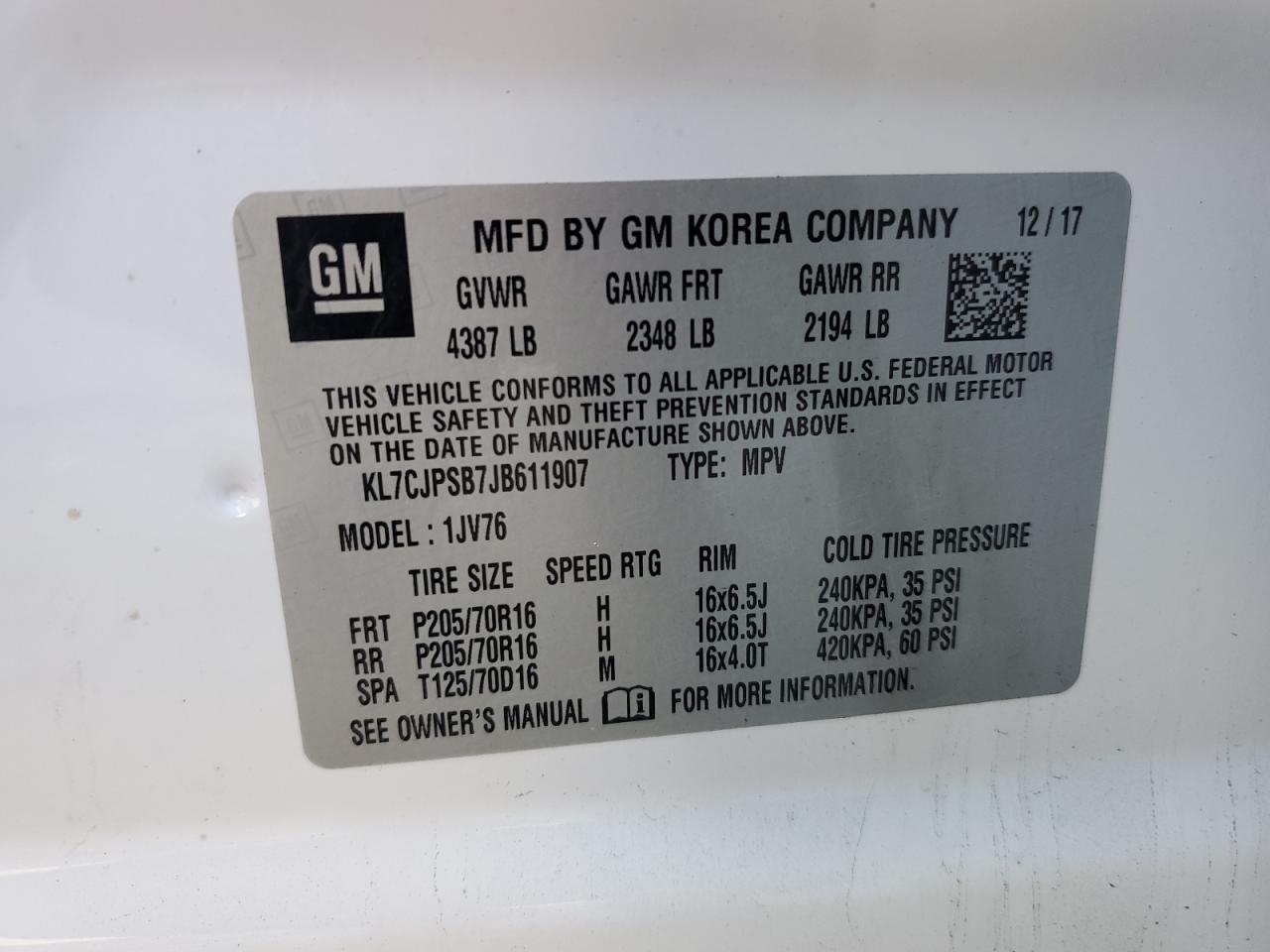 2018 Chevrolet Trax 1Lt VIN: KL7CJPSB7JB611907 Lot: 93281795