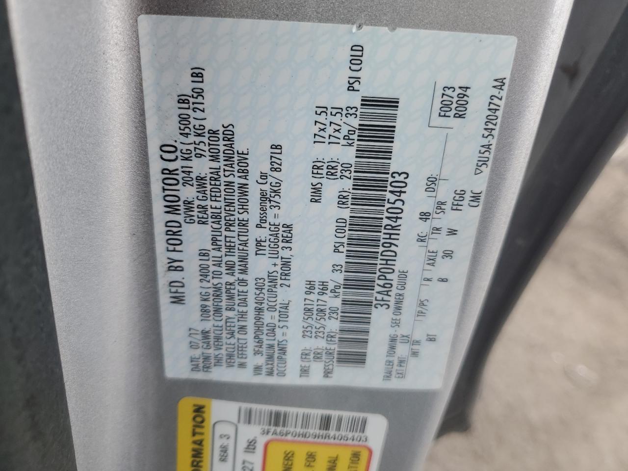 2017 Ford Fusion Se VIN: 3FA6P0HD9HR405403 Lot: 91883325