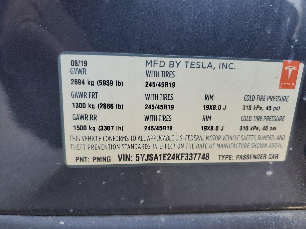 2019 Tesla Model S VIN: 5YJSA1E24KF337748 Lot: 93084195