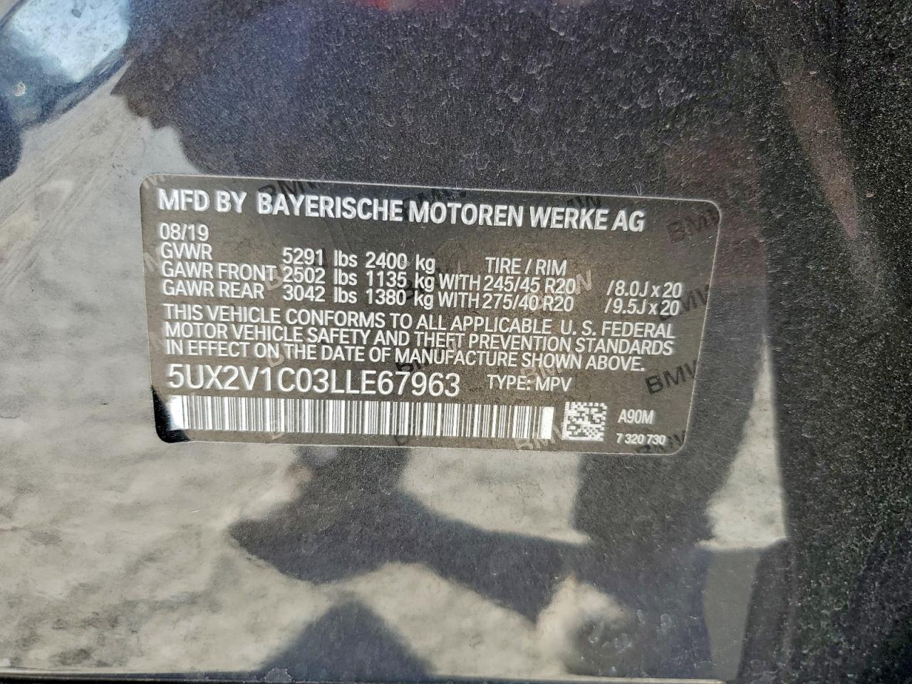 2020 BMW X4 xDrive30I VIN: 5UX2V1C03LLE67963 Lot: 93289655