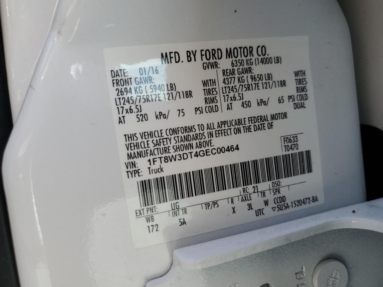 2016 Ford F350 Super Duty VIN: 1FT8W3DT4GEC00464 Lot: 92894085