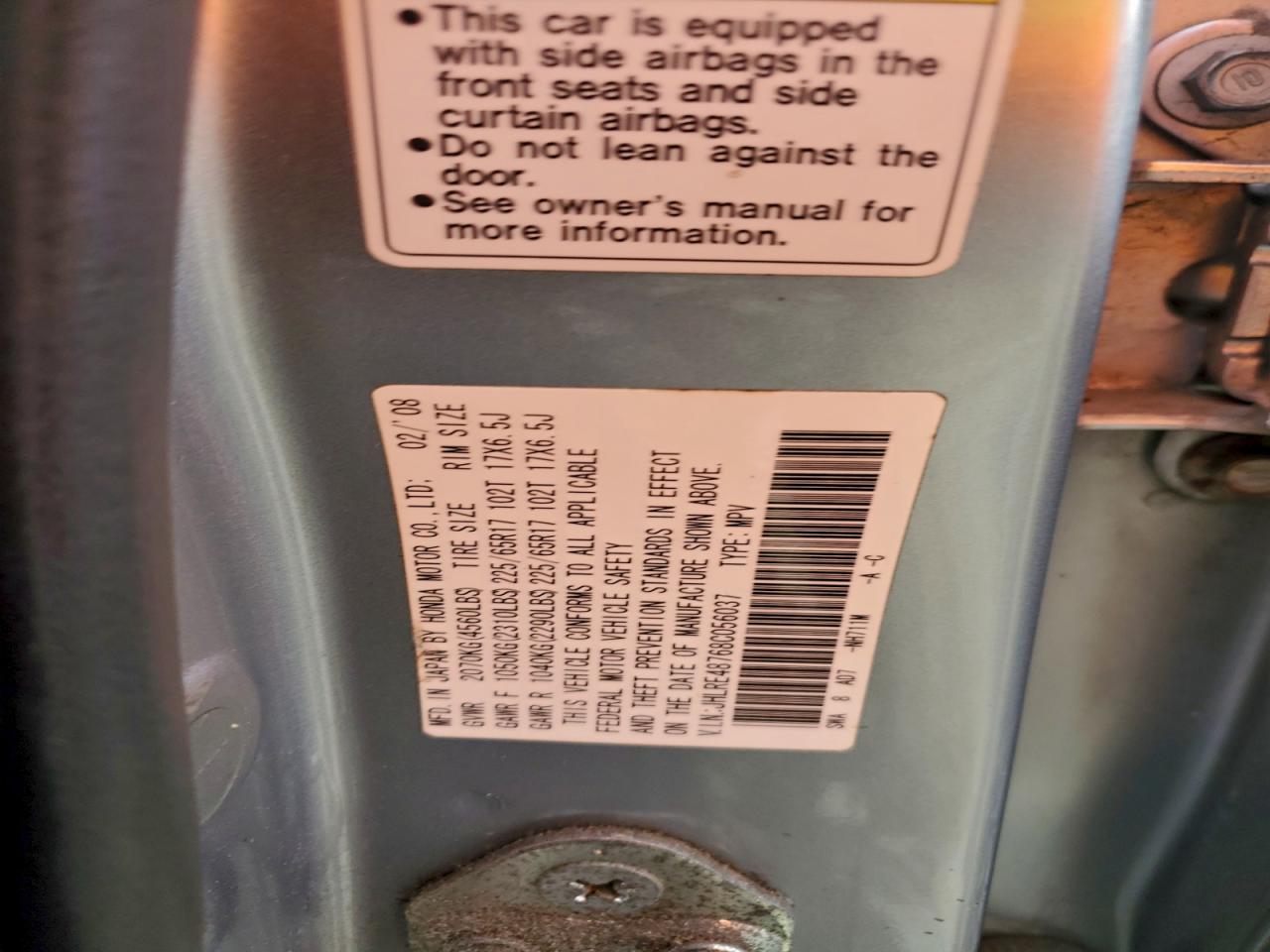 2008 Honda Cr-V Exl VIN: JHLRE48768C056037 Lot: 94351505