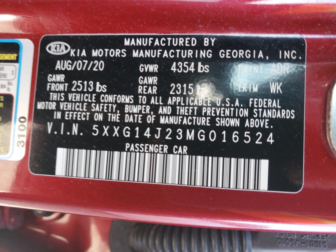 2021 Kia K5 Lxs VIN: 5XXG14J23MG016524 Lot: 91976755