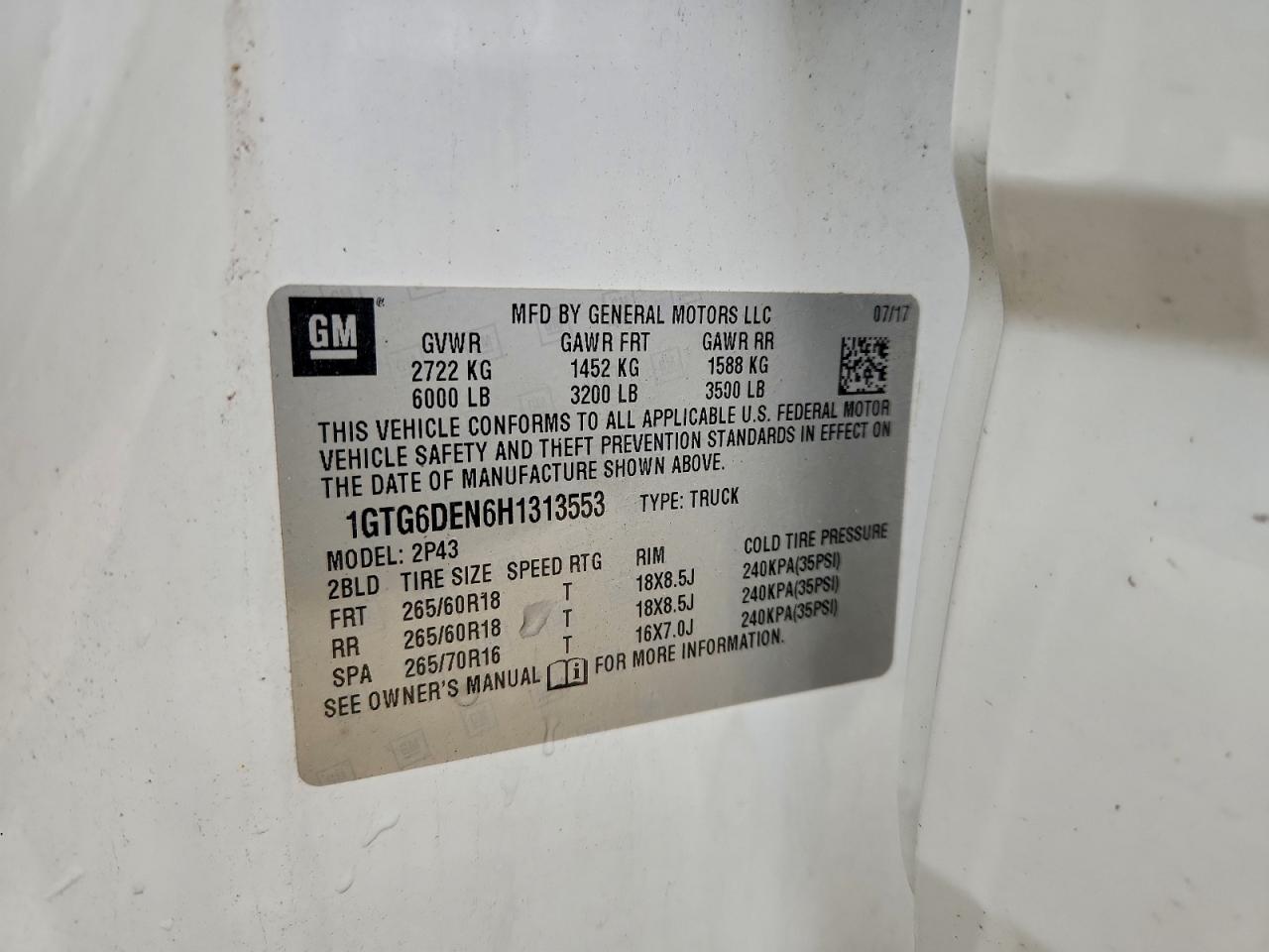 2017 GMC Canyon Slt VIN: 1GTG6DEN6H1313553 Lot: 94035385