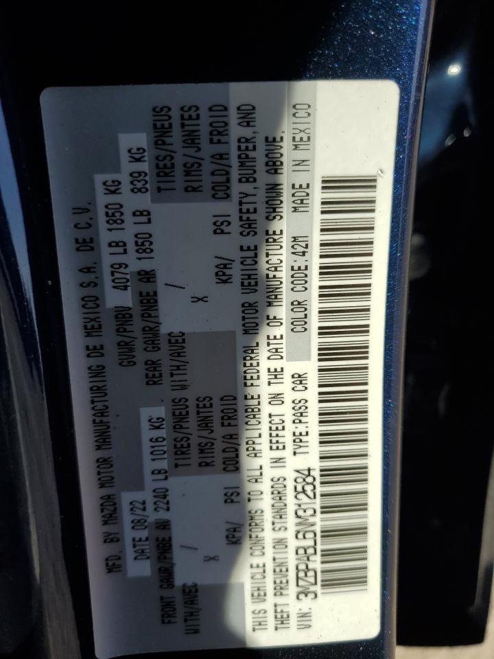2022 Mazda 3 Select VIN: 3MZBPABL6NM312584 Lot: 91908275