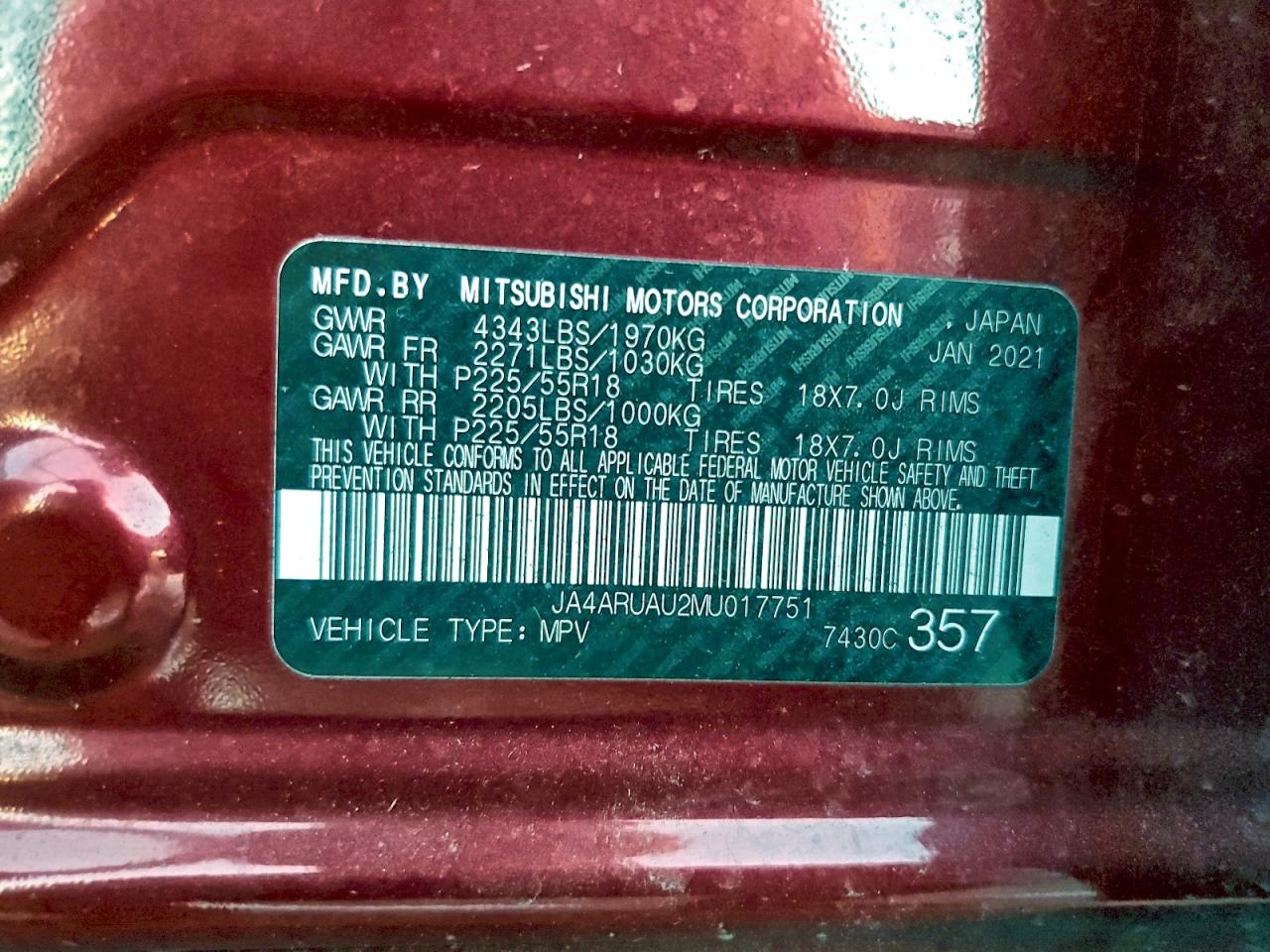 2021 Mitsubishi Outlander Sport Es VIN: JA4ARUAU2MU017751 Lot: 94427975