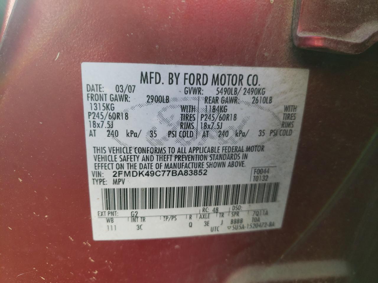 2007 Ford Edge Sel Plus VIN: 2FMDK49C77BA83852 Lot: 92514595