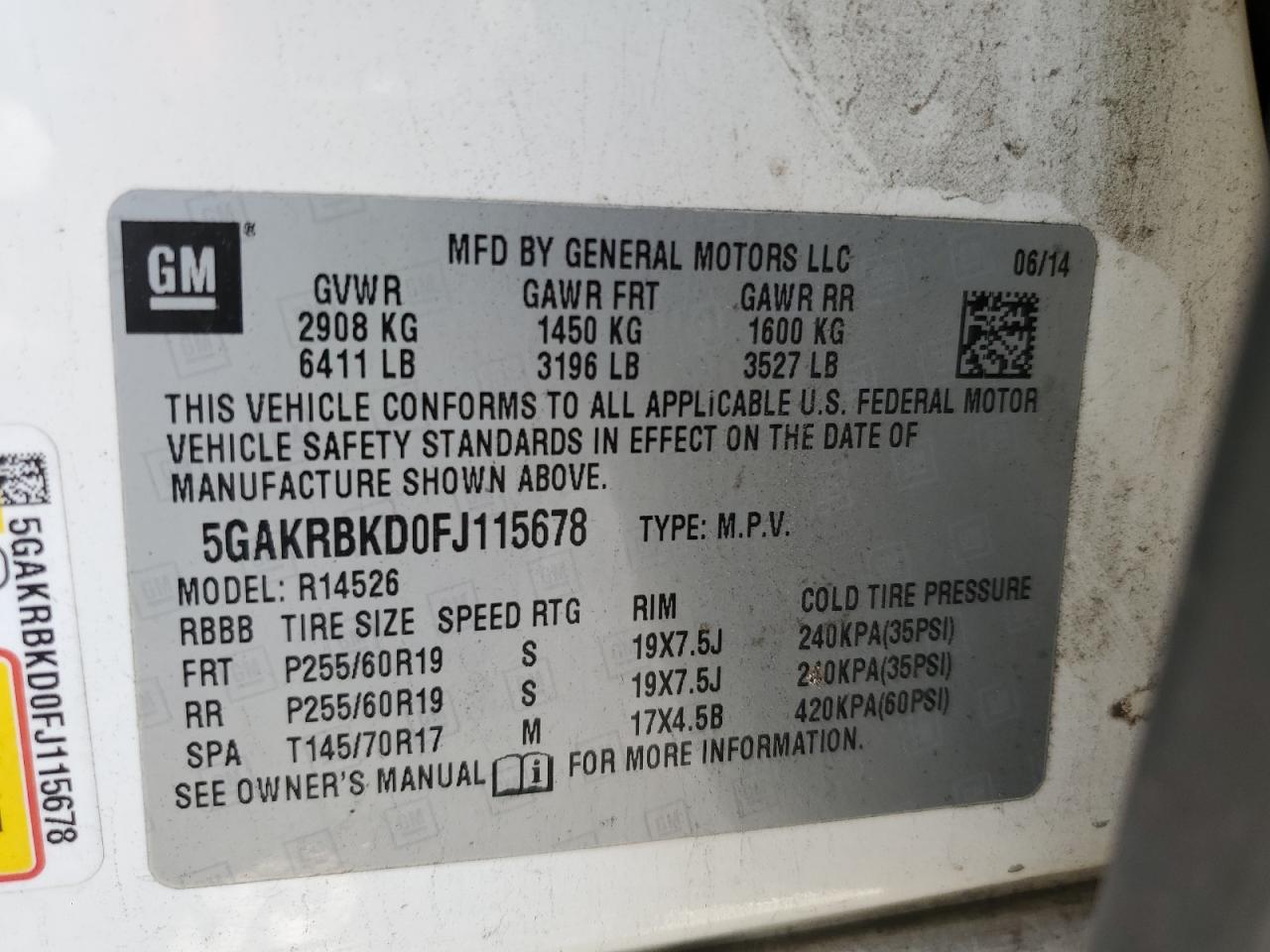 2015 Buick Enclave VIN: 5GAKRBKD0FJ115678 Lot: 91578025