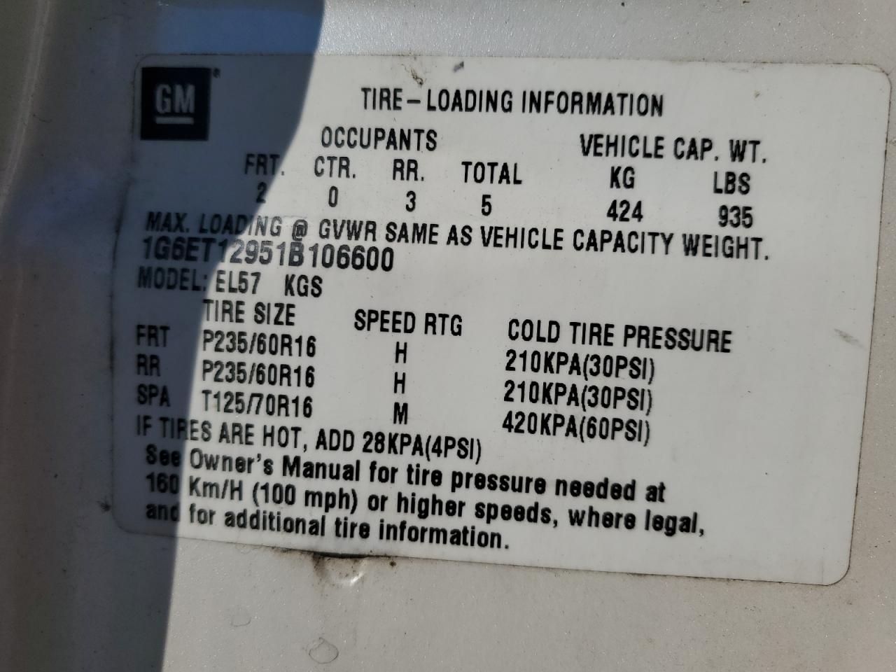 2001 Cadillac Eldorado Touring VIN: 1G6ET12951B106600 Lot: 92597825