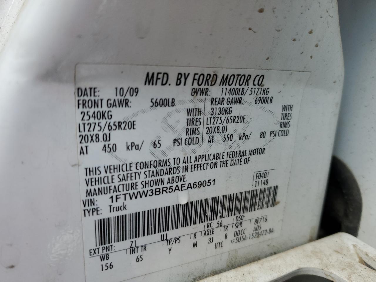 2010 Ford F350 Super Duty VIN: 1FTWW3BR5AEA69051 Lot: 92734955