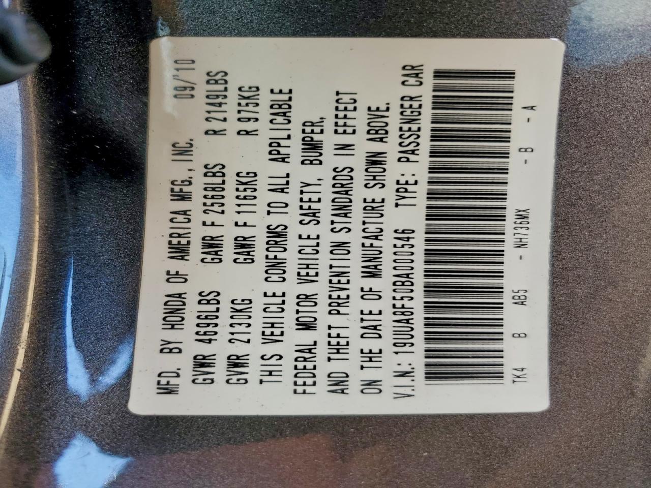 2011 Acura Tl VIN: 19UUA8F50BA000546 Lot: 93829255