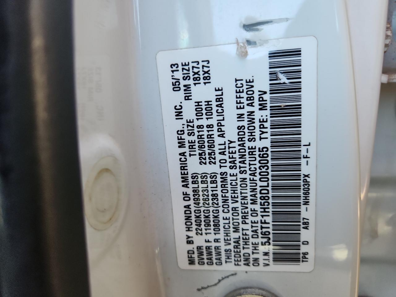 2013 Honda Crosstour Exl VIN: 5J6TF1H58DL003065 Lot: 92528155