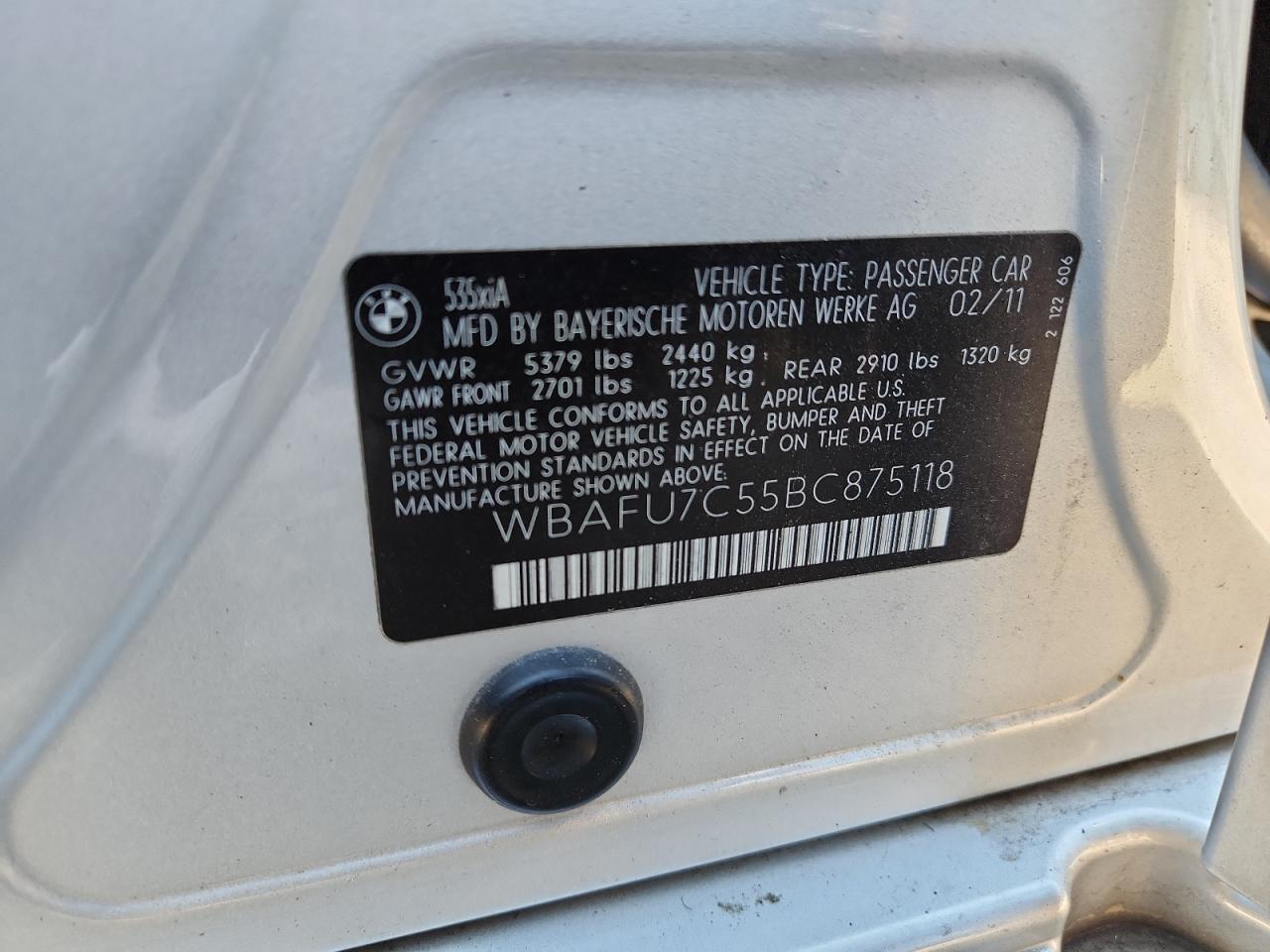 2011 BMW 535 Xi VIN: WBAFU7C55BC875118 Lot: 91182905