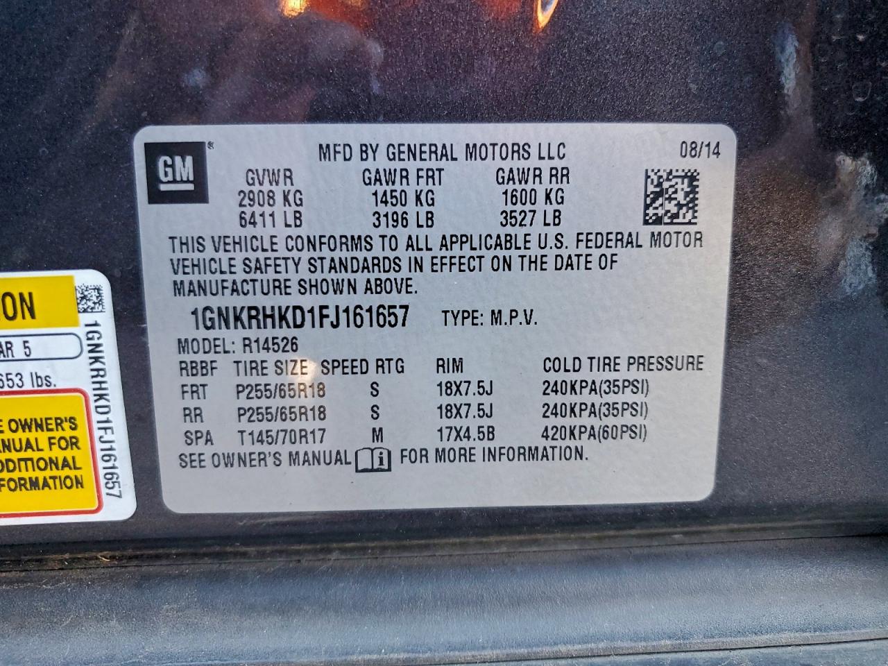 2015 Chevrolet Traverse Lt VIN: 1GNKRHKD1FJ161657 Lot: 94286745