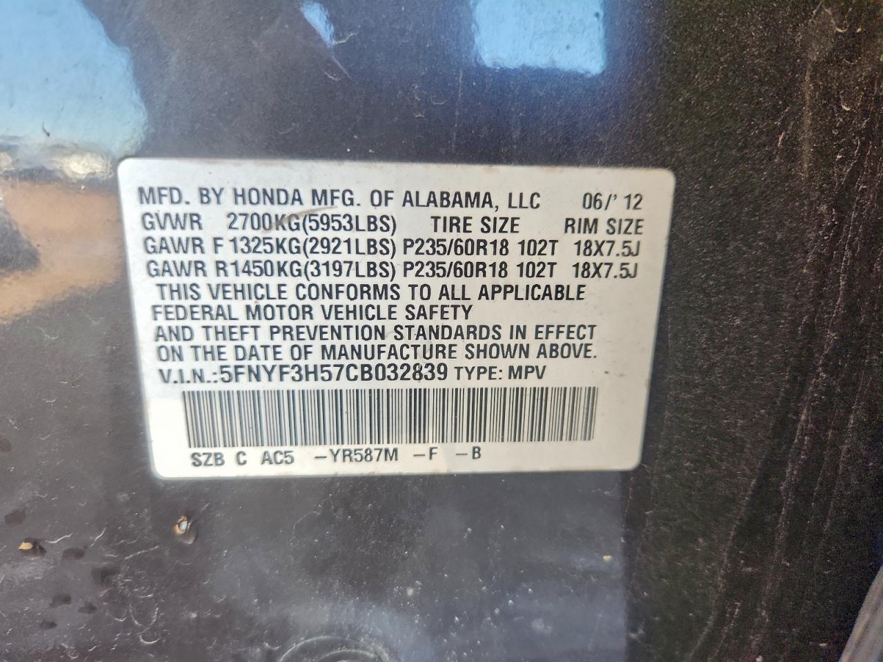 2012 Honda Pilot Exl VIN: 5FNYF3H57CB032839 Lot: 93452665