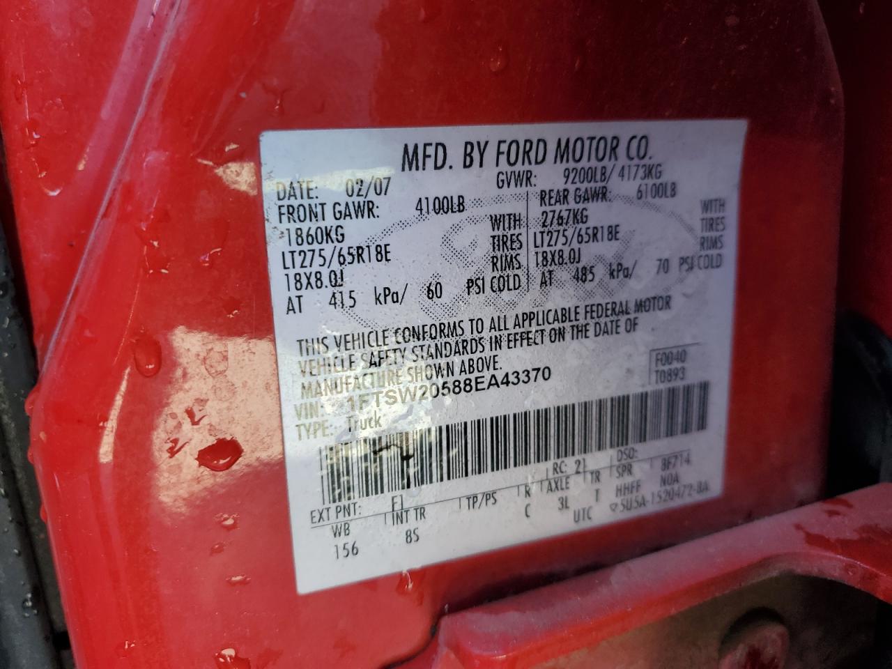 2008 Ford F250 Super Duty VIN: 1FTSW20588EA43370 Lot: 92920945