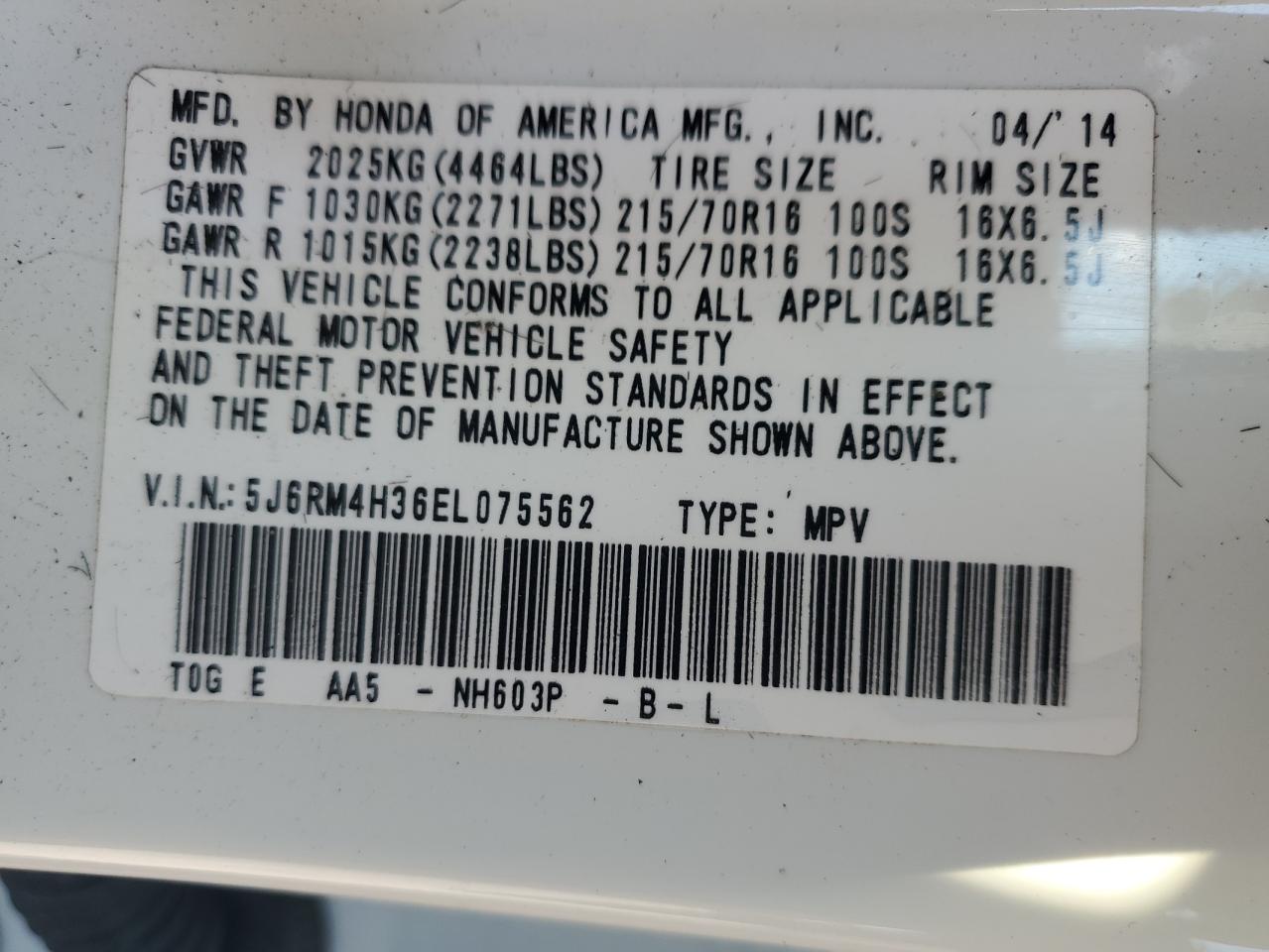 2014 Honda Cr-V Lx VIN: 5J6RM4H36EL075562 Lot: 91765365