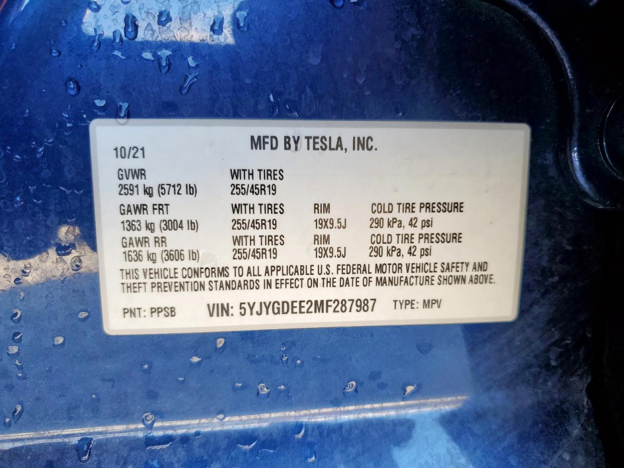 2021 Tesla Model Y VIN: 5YJYGDEE2MF287987 Lot: 92928905