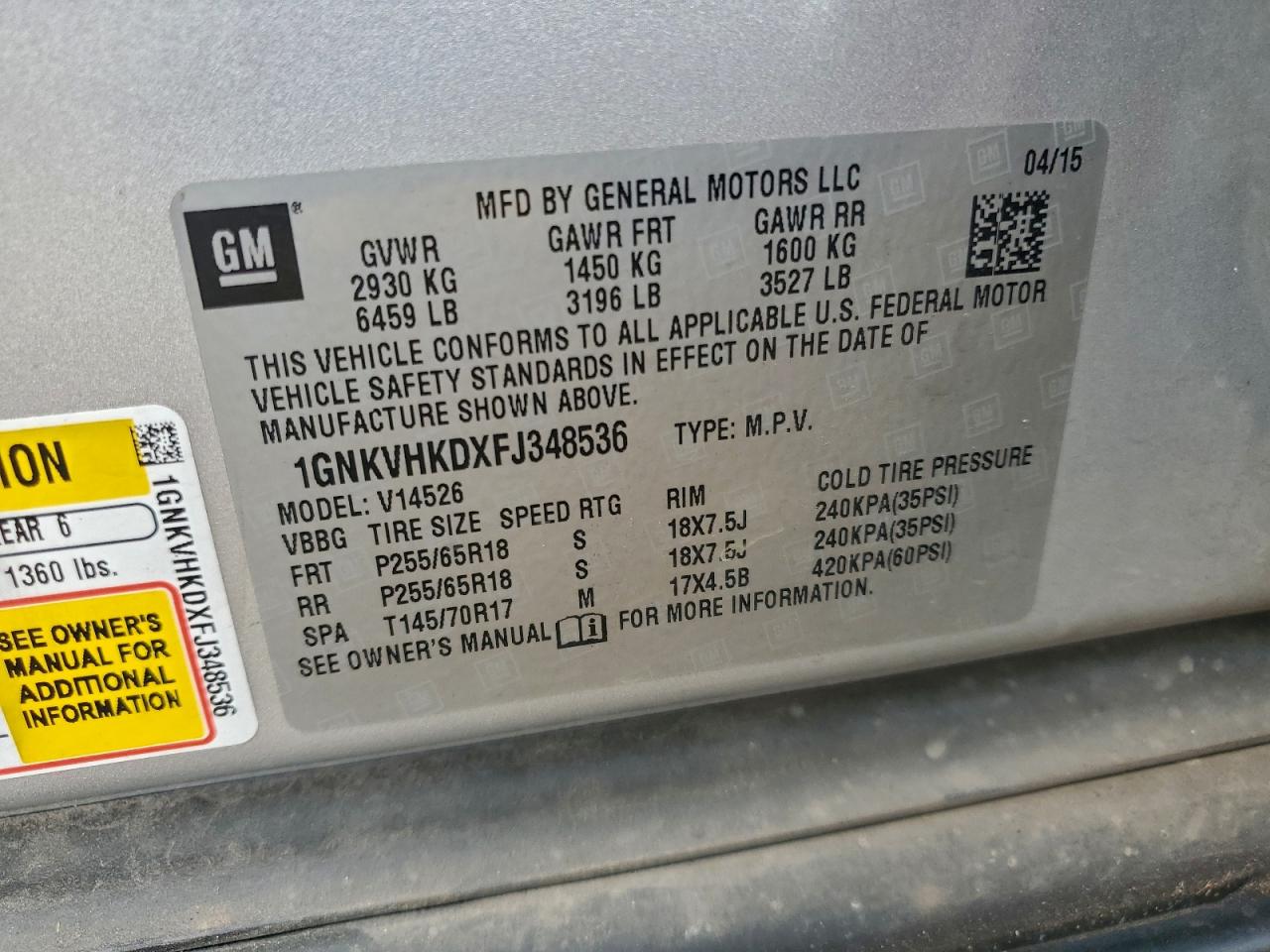 2015 Chevrolet Traverse Lt VIN: 1GNKVHKDXFJ348536 Lot: 94130575