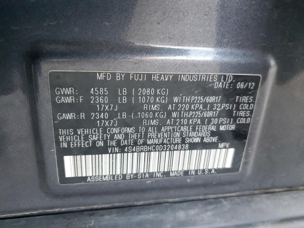 2013 Subaru Outback 2.5I Premium VIN: 4S4BRBHC0D3204838 Lot: 93136835