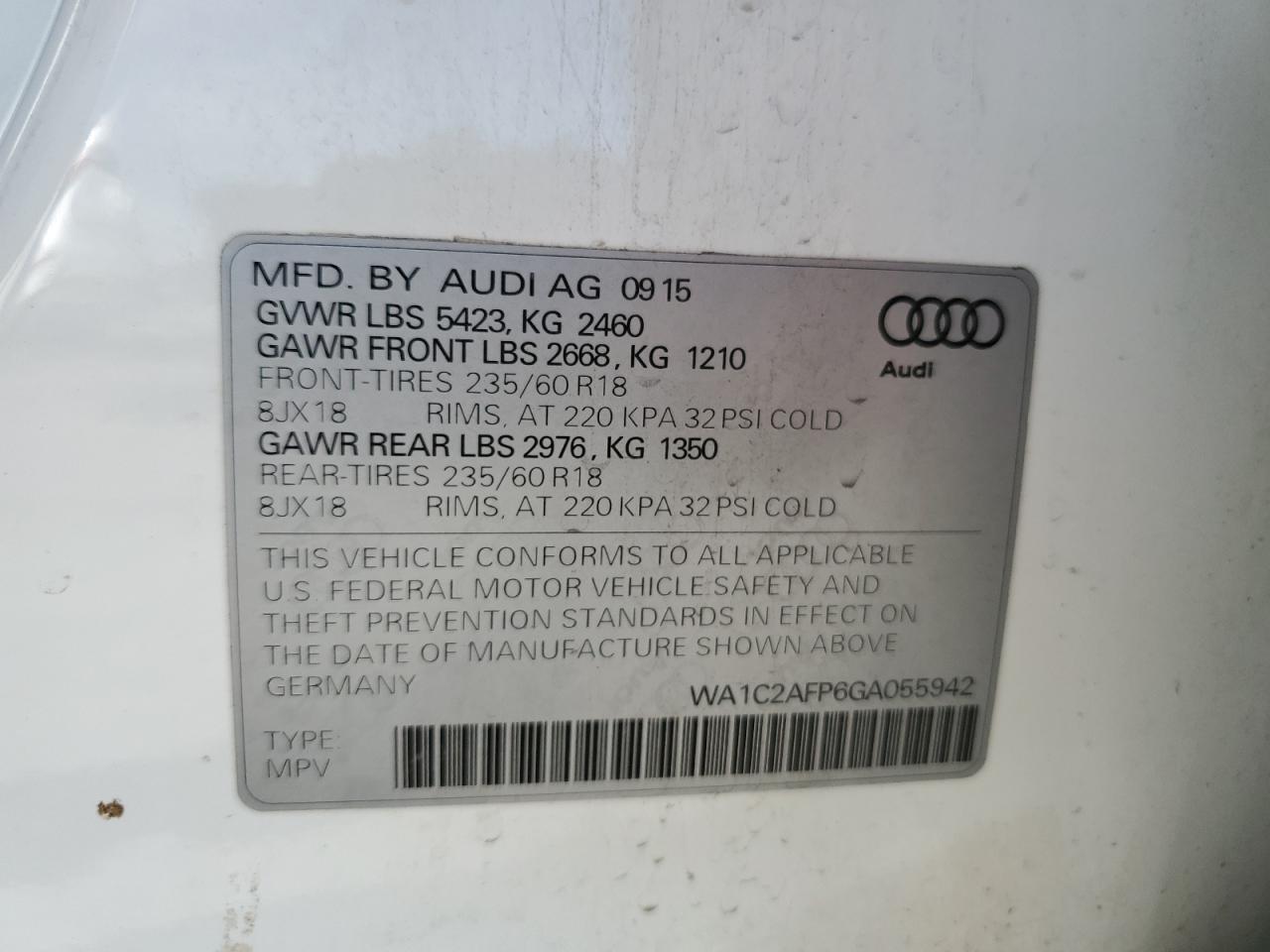 2016 Audi Q5 Premium VIN: WA1C2AFP6GA055942 Lot: 91716485