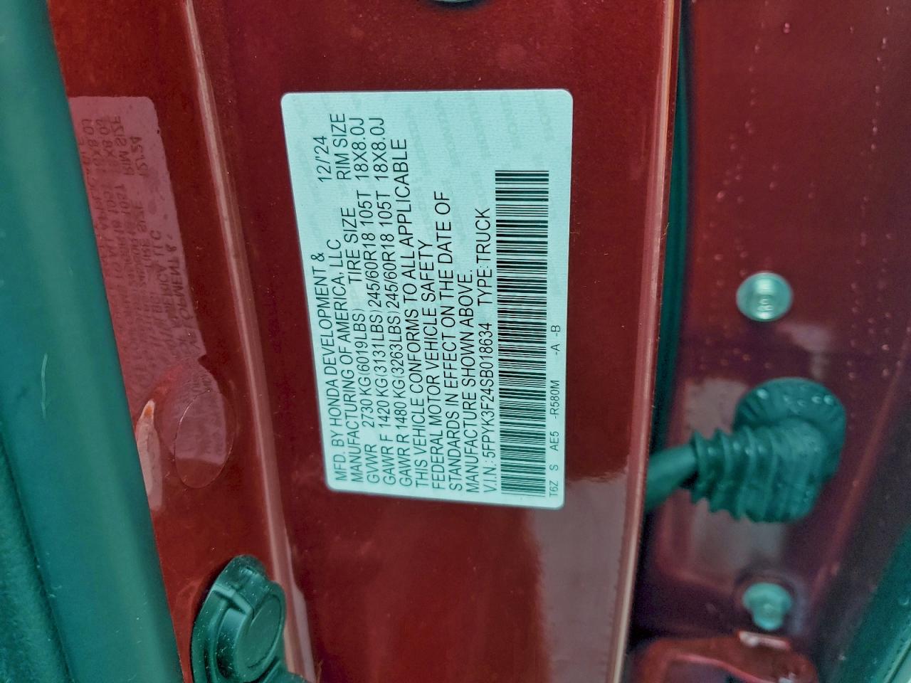 2025 Honda Ridgeline Sport VIN: 5FPYK3F24SB018634 Lot: 94116255