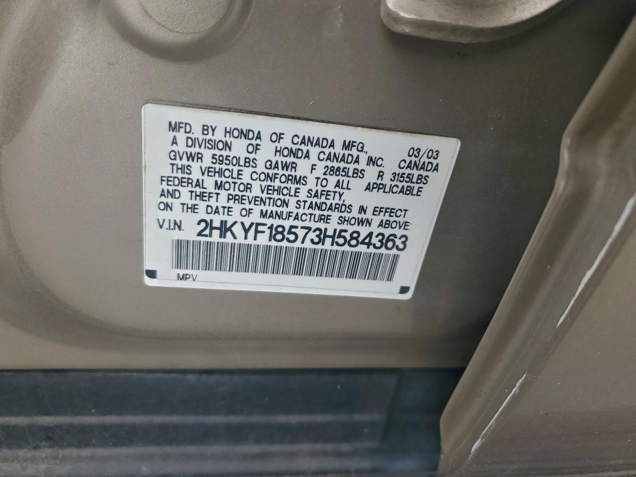 2003 Honda Pilot Exl VIN: 2HKYF18573H584363 Lot: 94407605