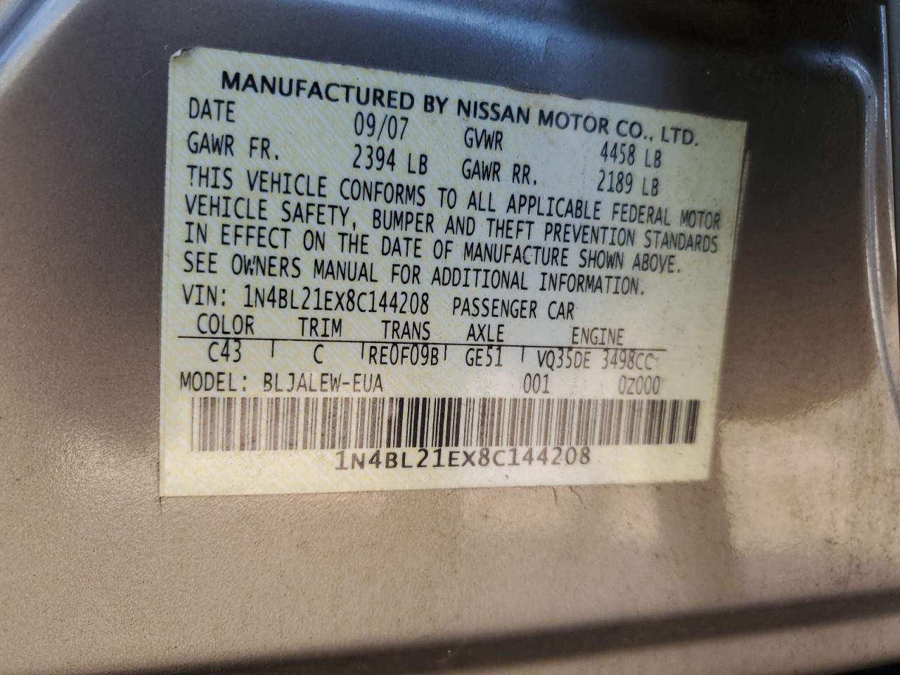 2008 Nissan Altima 3.5Se VIN: 1N4BL21EX8C144208 Lot: 91717305