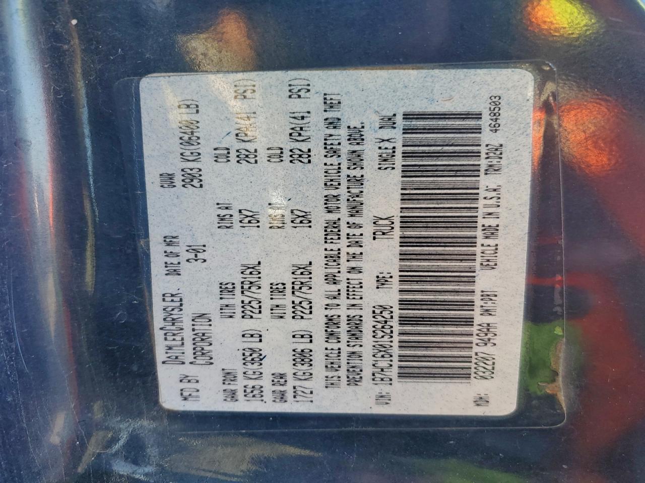 2001 Dodge Ram 1500 VIN: 1B7HC16X01S264250 Lot: 94403605