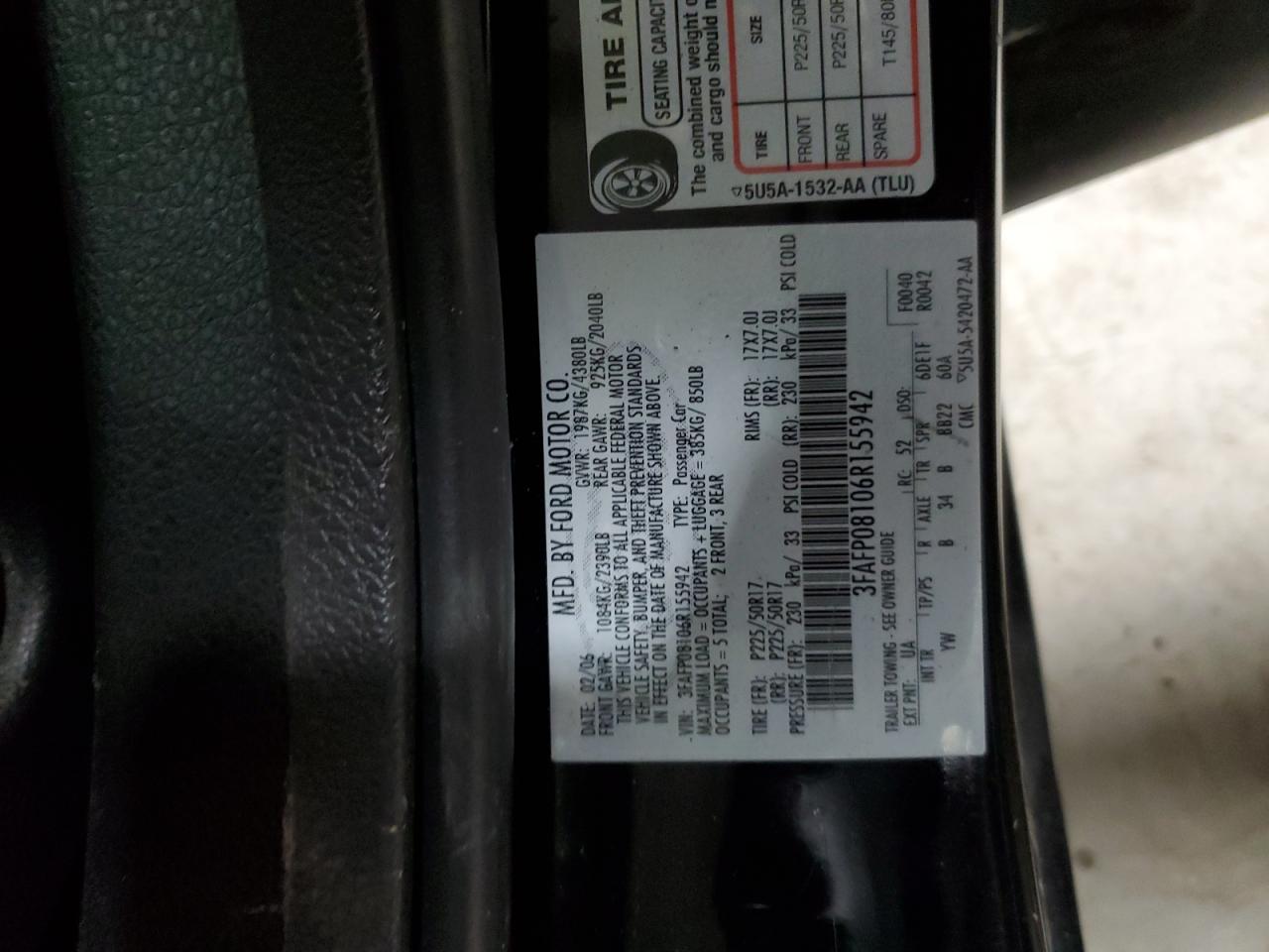 2006 Ford Fusion Sel VIN: 3FAFP08106R155942 Lot: 91639485